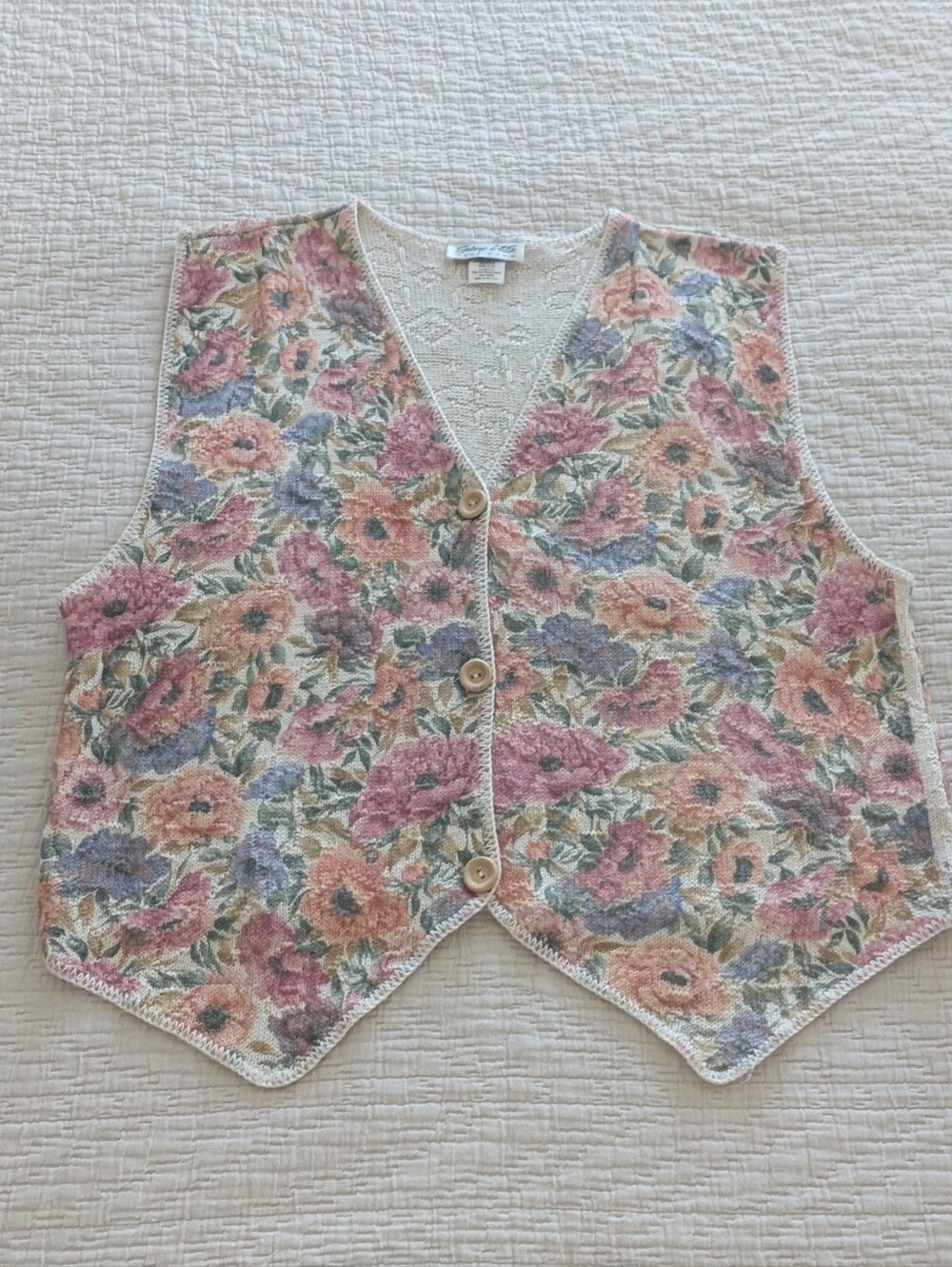 Women's Cotton Knit Floral Pattern Button Down Sweater Vest Size M